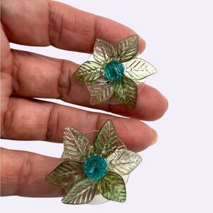 Floral Green and Blue clip on Earrings
